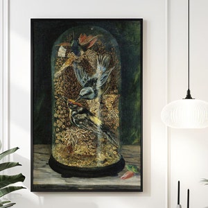 19 th Century Paintings Stuffed Birds In A Dome by A. H. Davis Antique Bird Painting Gift Floral Wall Art Bird Art Print