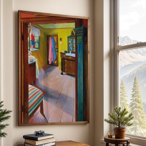 May include: A framed painting depicting a room with a wooden floor, a striped chair, and a doorway leading to another room. The painting is hanging on a white wall in a room with a window overlooking a mountain range.