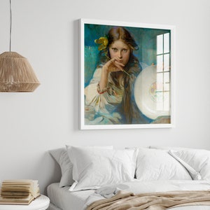Girl with a Plate with a Folk Motif by Alphonse Mucha, Art Nouveau Style, Giclee Print, Vintage Poster, Wall Decor