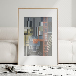 May include: A framed abstract painting with geometric shapes in shades of grey, blue, green, orange, and red. The painting depicts a construction scene with scaffolding and ladders.