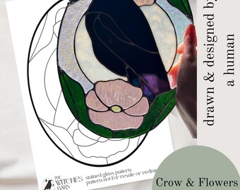 Crow & Flowers Stained Glass Pattern. Digital Download PDF and PNG File. Diy Stained Glass.