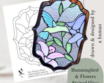 Hummingbird & Flowers Stained Glass Pattern. Digital Download Stained Glass Pattern. PDF and PNG File. Diy Stained Glass.