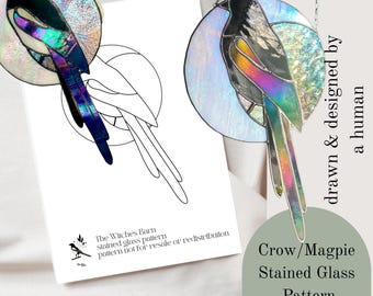 Crow & Magpie Moon Stained Glass Pattern. Digital Download Stained Glass Pattern. PDF and PNG File. Diy Stained Glass.