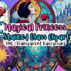 Clipart de vitral de princesa mágica, inspirado en la magia para uso comercial, PNG, fondo transparente, descarga instantánea para diseño de camisetas