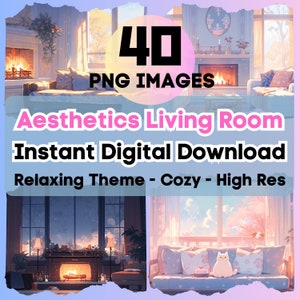 Linda estética arte Kawaii imágenes de sala de estar fondo de alta resolución Descarga instantánea para sublimación de tazas para diseño de producto PNG JPG