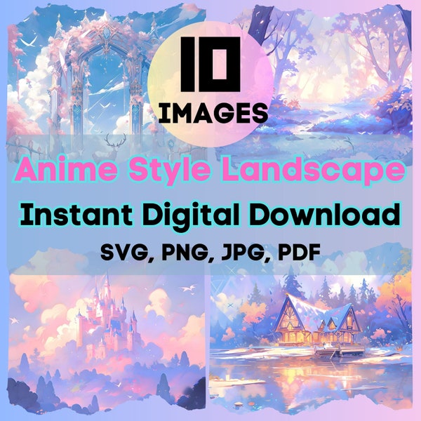 Kawaii Anime Style Fantasy Landscape Images Aesthetics Clipart Instant Download for Sublimation PNG SVG Background Art For Small Business