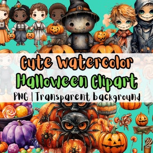 Cute Halloween Clipart Watercolor Art For Commercial Use PNG files Transparent Background Instant Download For Adorable Tshirt Design