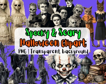 Könnte beinhalten: Eine Sammlung von gruseligen und beängstigenden Halloween-Clipart-Bildern mit Geistern, Skeletten, einem Clown und anderen gruseligen Figuren. Die Bilder haben einen transparenten Hintergrund und eignen sich perfekt, um deinen Halloween-Projekten eine gruselige Note zu verleihen.