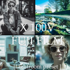 May include: A digital photo editing preset for Lightroom, featuring a blue and white colour scheme with the text "X 100V FUJI FILM [Lightroom preset]" in white.