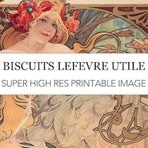 May include: A vintage art nouveau poster advertising "Biscuits Lefevre Utile" featuring a woman with a crown of red poppies and a plate of biscuits.