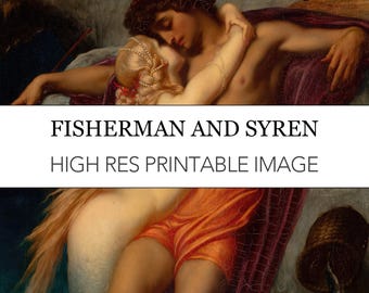 Grabado de Pescador y Sirena: Arte mitológico prerrafaelita (Descarga digital)