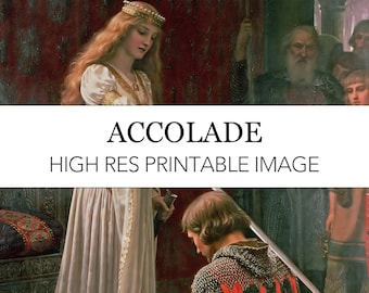May include: A painting depicting a knight kneeling before a woman in a white dress and a gold crown. The woman is holding a goblet in her right hand. The knight is wearing chainmail armor and a red cloak. The painting is titled "Accolade" and is a high-resolution printable image.