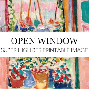 May include: A painting of an open window with a view of a colorful landscape. The window is framed by a red and white wall, and there are three potted plants in the foreground. The painting is done in a loose, impressionistic style, with bold strokes of color.