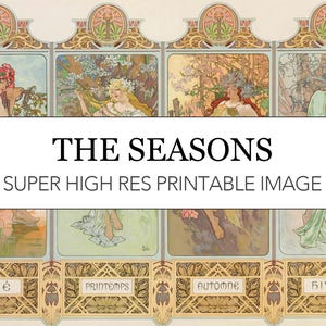 Seasons Mucha Digital Print // Art Nouveau // Printable Mucha Wall Art // High Res Seasons Mucha Painting // Spring Summer Autumn Winter