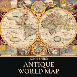 Peut inclure: Une reproduction de la carte du monde antique de John Speed présentant deux grands hémisphères circulaires, des contours continentaux détaillés et des illustrations décoratives de corps célestes. Le texte indique JOHN SPEED ANTIQUE WORLD MAP.