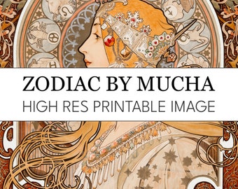 May include: A vintage art nouveau illustration of a woman with flowing blonde hair, wearing a crown of flowers and stars. The background features a circular design with zodiac symbols and a stylized floral pattern.