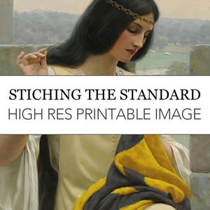May include: A woman in a white dress with a gold crown sits on a stone wall and sews a yellow and black banner. The banner has a black and yellow pattern. The woman is looking down at her work.