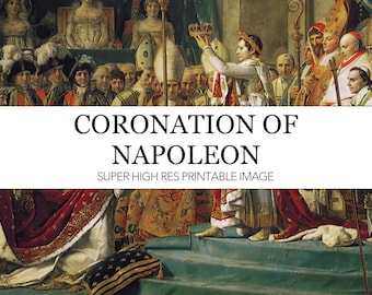 May include: A painting depicting the coronation of Napoleon Bonaparte. The painting shows Napoleon and Josephine in elaborate robes, with a crown being placed on Napoleon's head by a figure in a white robe. The painting is set in a grand hall with many people in attendance.
