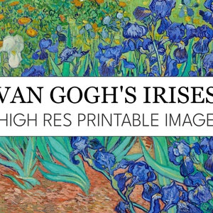 Puede incluir: Una pintura de un campo de iris azules con hojas verdes y flores amarillas. La pintura se titula "Van Gogh's Irises High Res Printable Image".