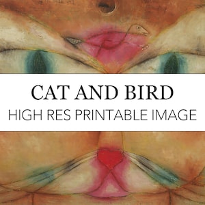May include: A surrealist painting of a cat and bird. The cat's face is depicted with large, blue eyes and a pink, heart-shaped nose. The bird is perched on the cat's nose, with its beak open and a pink, heart-shaped body.