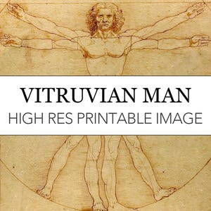 May include: A black and white line drawing of the Vitruvian Man, a famous anatomical study by Leonardo da Vinci. The figure is depicted in two superimposed positions with arms and legs outstretched, inscribed within a circle and square.