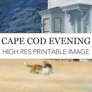 Puede incluir: Una pintura de una casa blanca con un techo rojo y un perro corriendo en un campo de hierba alta. El texto "CAPE COD EVENING HIGH RES PRINTABLE IMAGE" se muestra debajo de la casa.