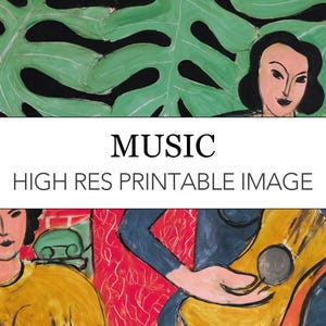 May include: A painting of two women, one playing a guitar, with a green leaf pattern in the background. The text "MUSIC HIGH RES PRINTABLE IMAGE" is at the top of the image.