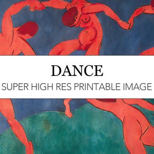 Puede incluir: Imagen imprimible de una pintura titulada "DANCE" que presenta figuras en tonos rojos sobre un fondo azul. Las figuras se representan en una pose dinámica, con los brazos entrelazados, sugiriendo movimiento y energía. También está presente el texto "SUPER HIGH RES PRINTABLE IMAGE".