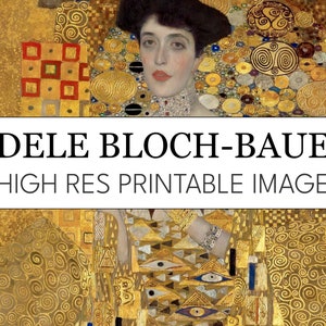 Puede incluir: Una pintura de una mujer con cabello oscuro y un fondo dorado. La mujer lleva un collar de joyas y un vestido con un patrón dorado. La pintura se titula "Adele Bloch-Bauer" y es una imagen imprimible de alta resolución.