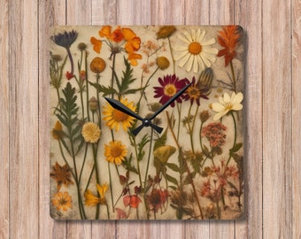 Vintage Pressed Wildflower Wall Clock, Cottage core Pressed Flower aesthetic timepiece, unique wall clock, patio porch outdoor clock