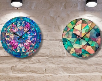 Stained Glass Wall Clock, Stained glass print art timepiece, unique wall clock, kitchen office bedroom patio outdoor clock