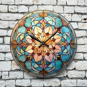 Stained Glass flower Wall Clock, Stained glass aesthetic timepiece, unique wall clock, kitchen office bedroom patio outdoor clock