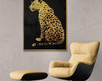 Gold Leopard Wall Art – DIGITAL Art Print, Black & Gold Animal Silhouette, Luxury Safari Decor, Modern Glam Home Print, Contemporary Art