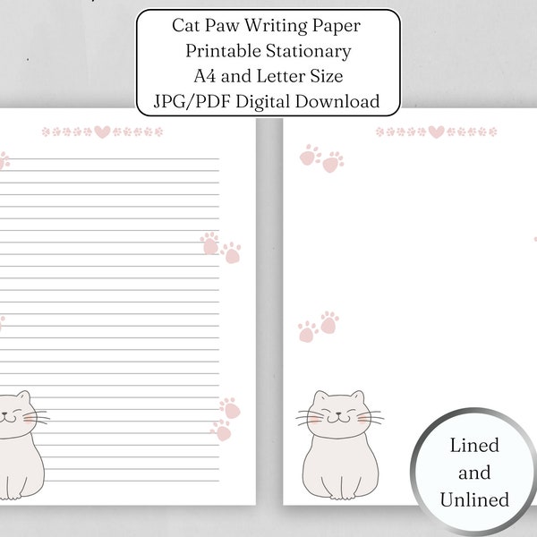 Cute Kawaii Kitty Cat Paws Writing Paper | Printable Stationary | Digital Download | A4 and Letter Size | Line and Unlined |