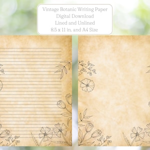 Vintage Botanic Writing Paper | Printable Stationary | Digital Download | A4 and Letter Size | Lined and Unlined