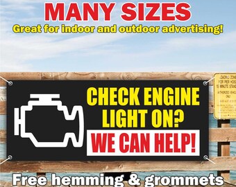 Letrero publicitario de vinilo o malla con la leyenda "CHECK ENGINE" (Revisar motor), para interiores y exteriores. Ideal para talleres mecánicos, cambio de aceite y otros servicios. Envío gratuito. Ojales. Tamaño personalizado.