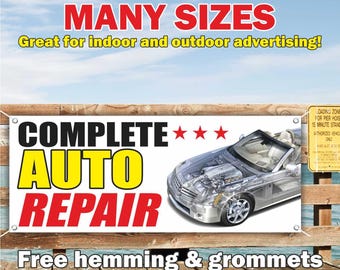 Pancarta COMPLETA DE REPARACIÓN DE AUTOMÓVILES, vinilo o malla, letrero publicitario para interiores/exteriores, servicio automotriz, reparación de automóviles, envío gratuito, ojales, tamaño personalizado.