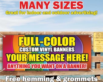 Pancarta personalizada a todo color de vinilo o malla, letrero publicitario para interiores/exteriores, su mensaje aquí, nombre de la empresa, envío gratuito, ojales, tamaño personalizado.