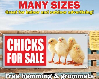 Se venden pollitos. Pancarta de vinilo o malla, letrero publicitario para interiores y exteriores. Se venden huevos de granja y pollitos. Envío gratis. Ojales. Tamaño personalizado.