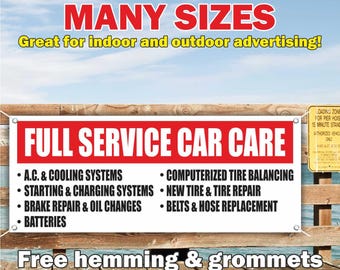 Letrero publicitario de vinilo o malla para taller mecánico con servicio completo, para interiores y exteriores. Servicio automotriz, reparación de automóviles, envío gratuito, ojales, tamaño personalizado.