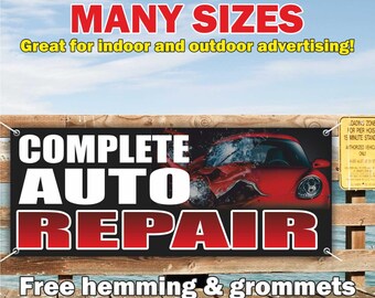 Pancarta COMPLETA DE REPARACIÓN DE AUTOMÓVILES, vinilo o malla, letrero publicitario para interiores/exteriores, servicio automotriz, reparación de automóviles, envío gratuito, ojales, tamaño personalizado.