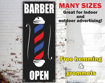 BARBER SHOP Banner Vinyl or Mesh, Indoor/Outdoor Advertising Sign, Welcome, Haircut Shave Salon Beauty, Free Shipping, Grommets, Custom Size