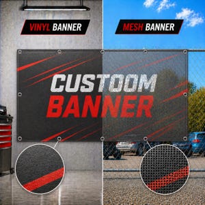 May include: A rectangular banner featuring the text CUSTOM BANNER in white and red against a black background with red diagonal lines. The left side shows a solid vinyl material, while the right side displays a perforated mesh material.