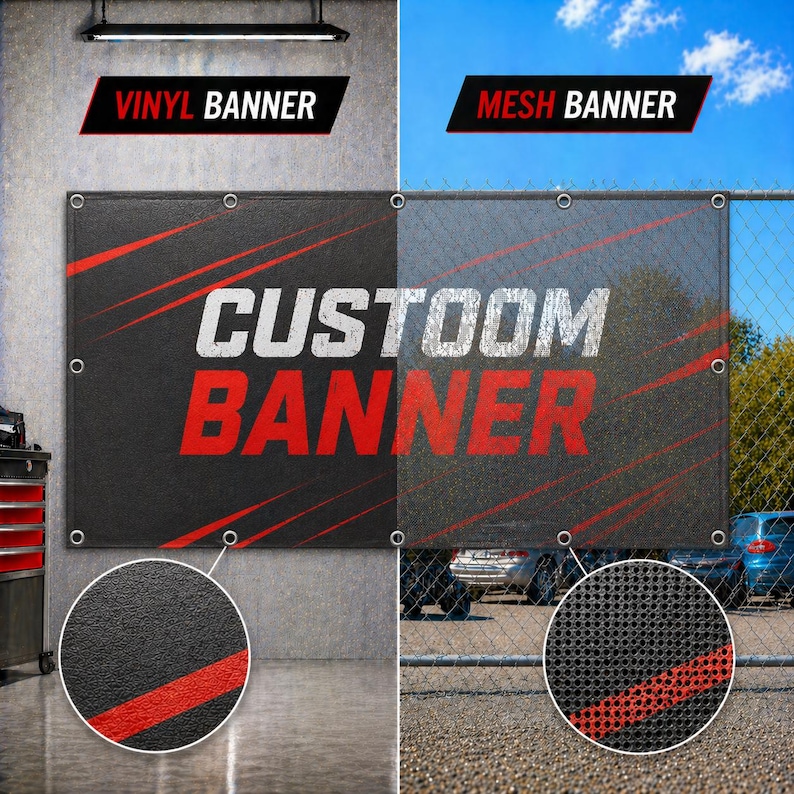 May include: A rectangular banner featuring the text CUSTOM BANNER in white and red against a black background with red diagonal lines. The left side shows a solid vinyl material, while the right side displays a perforated mesh material.