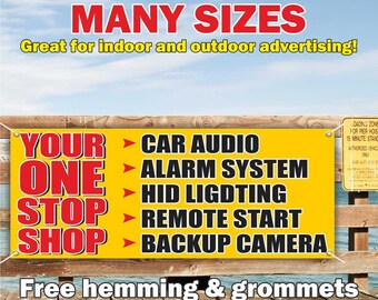 YOUR ONE STOP Shop Banner Vinyl or Mesh, Indoor/Outdoor Advertising Sign, Car Audio, Auto Shop, Free Shipping, Grommets, Custom Size