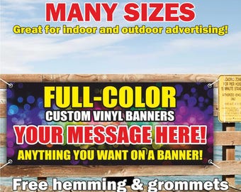 Pancarta personalizada a todo color de vinilo o malla, letrero publicitario para interiores/exteriores, su mensaje aquí, nombre de la empresa, envío gratuito, ojales, tamaño personalizado.