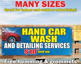 HAND CAR WASH Banner Vinyl or Mesh, Indoor/Outdoor Advertising Sign, Detailing Services, Repair Car, Free Shipping, Grommets, Custom Size