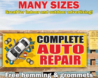 Pancarta COMPLETA DE REPARACIÓN DE AUTOMÓVILES, vinilo o malla, letrero publicitario para interiores/exteriores, servicio automotriz, reparación de automóviles, envío gratuito, ojales, tamaño personalizado.