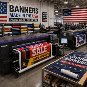 May include: A large industrial printing facility featuring Mimaki and HP printers producing vinyl banners. One banner displays "SUPER SALE LIMITED TIME ONLY!" while another on a workbench reads "CUSTOM BANNERS ANY SIZE, ANY DESIGN." American flags hang on the walls.