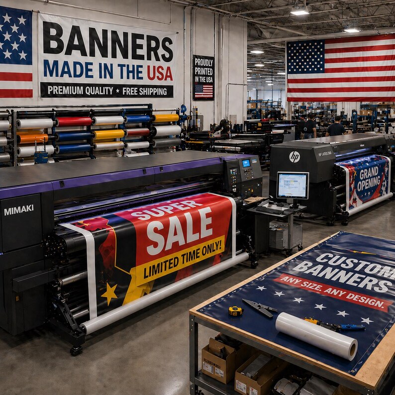 May include: A large industrial printing facility featuring Mimaki and HP printers producing vinyl banners. One banner displays "SUPER SALE LIMITED TIME ONLY!" while another on a workbench reads "CUSTOM BANNERS ANY SIZE, ANY DESIGN." American flags hang on the walls.